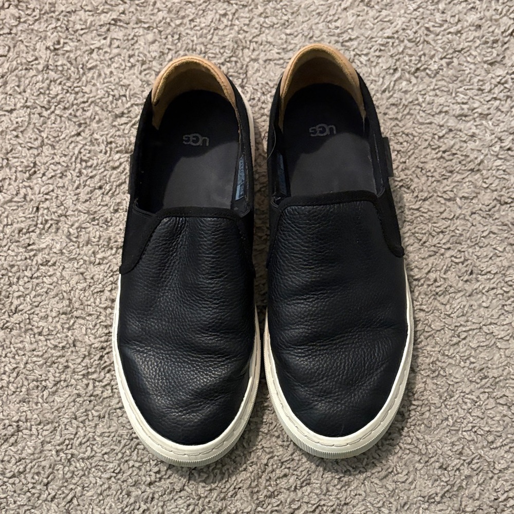 UGG Women’s Black Leather Slip-On Loafers with Cream Soles